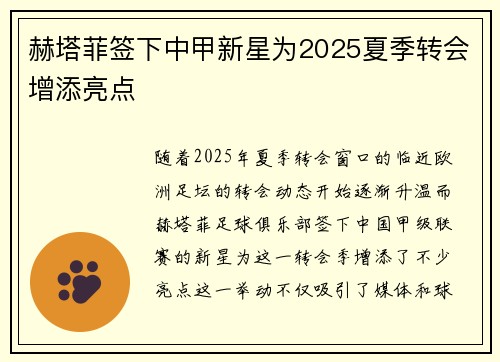赫塔菲签下中甲新星为2025夏季转会增添亮点 赫塔菲签下中甲新星为2025夏季转会增添亮点